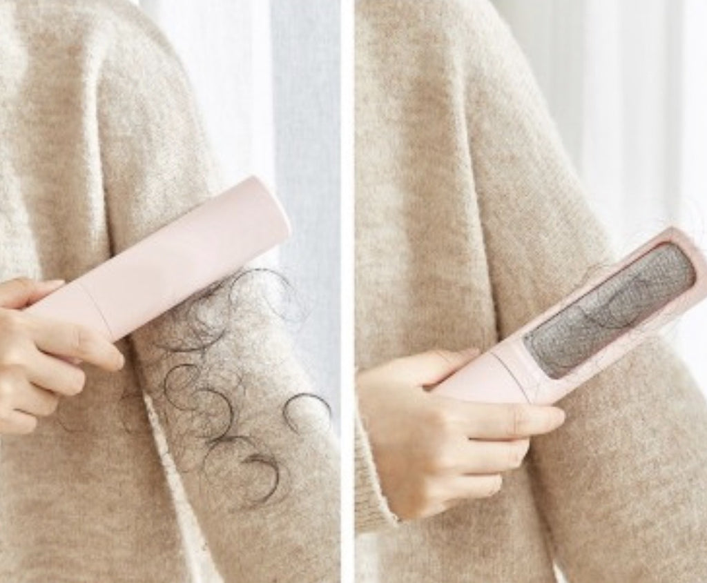 ShedSmart pet hair remover lifting hair off a sweater, before and after
