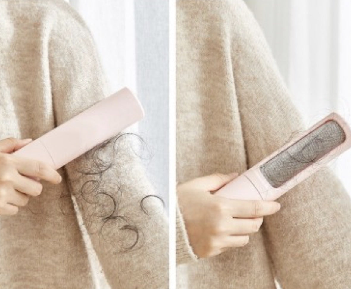 ShedSmart pet hair remover lifting hair off a sweater, before and after